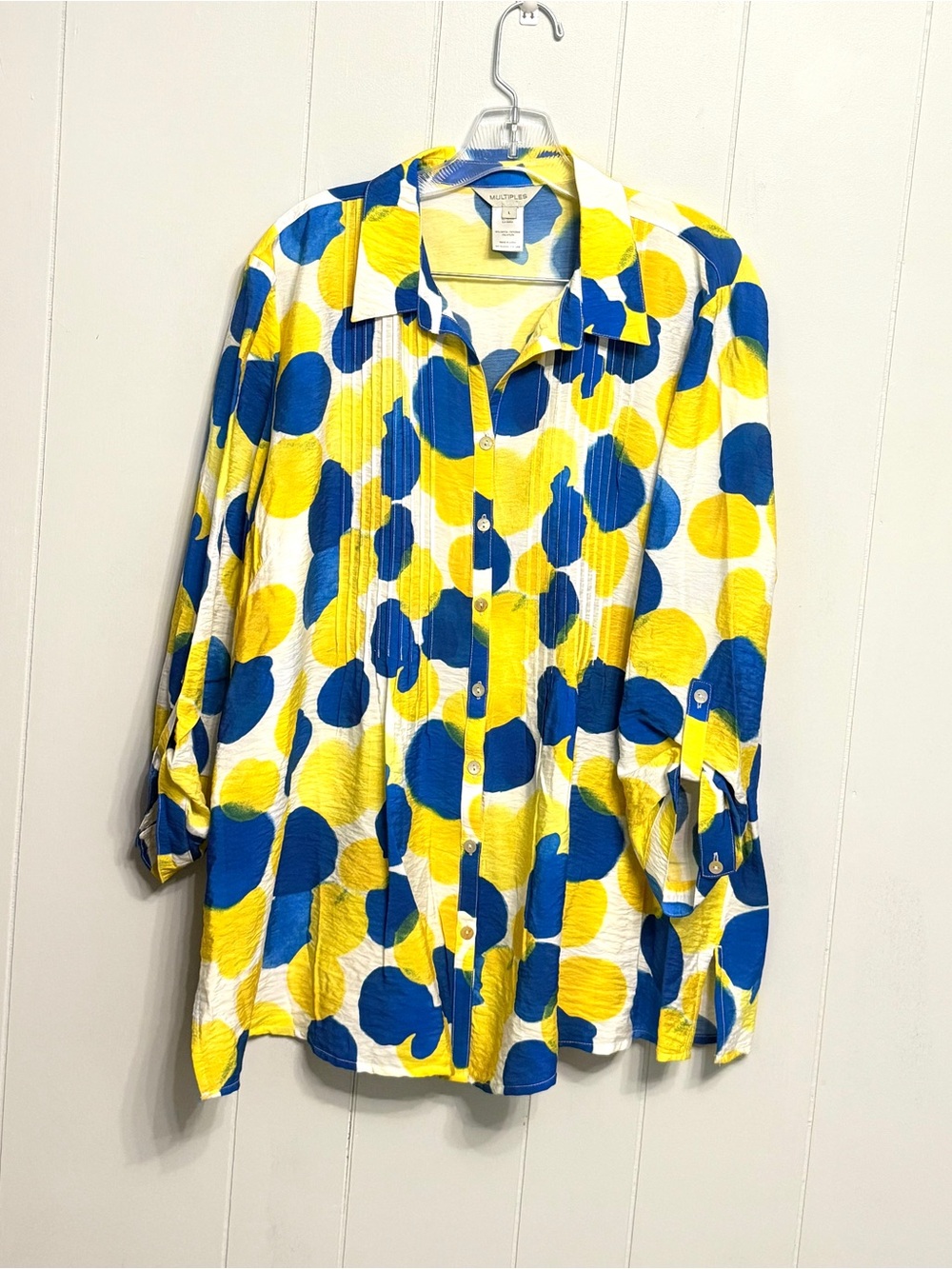 Multiples White Blouse with Blue and Yellow Polka Dot Print